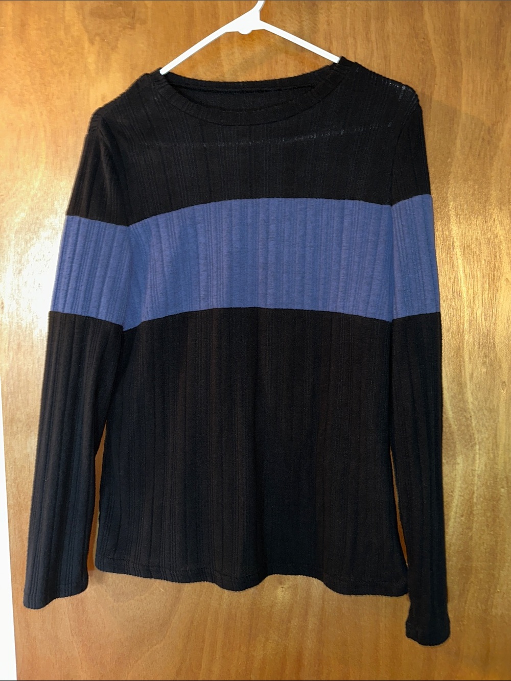 SHEIN Black Long Sleeve Ribbed Sweater with Blue Stripe